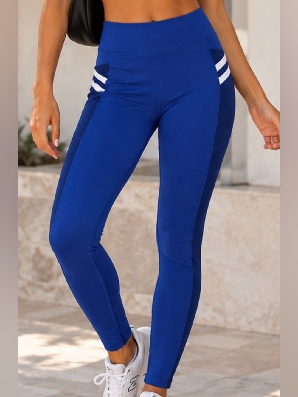 Fabletics Royal Blue High-Rise Leggings with White Stripe Detail